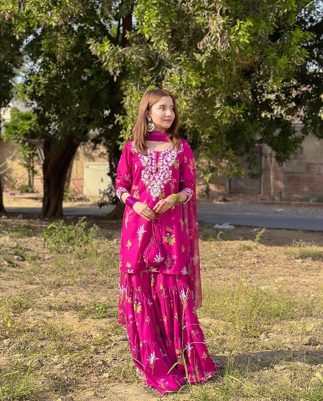 Desi chikankari lawn double layered gharara set with same printed chiffon dupatta. Order to looking beautiful in our hotseller.